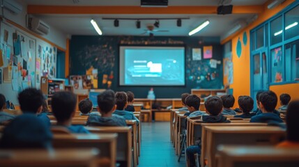 Students in a classroom are focused on a digital security lecture being presented on a large screen during the evening hours.