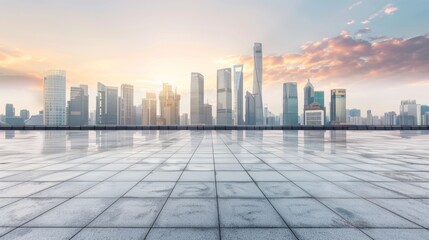 Empty square floor with city skyline background, City skyline under starry night sky, celestial beauty above the urban landscape
