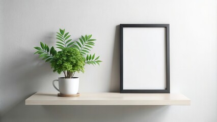 Simple Minimalist Interior Design with a Black Framed Picture on a Wooden Shelf and a Potted Plant