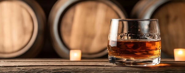 Artisan Tennessee Bourbon in Vintage Bar - Handcrafted Liquor Surrounded by Aged Barrels and Dim Candlelight Capturing Classic Southern Ambiance