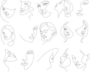 Set of portraits. Simple, minimalist vector illustration of beautiful woman face. Line drawing.