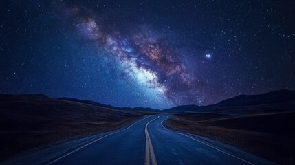 The Milky Way galaxy arching over a winding road, with stars illuminating the path through the darkness.