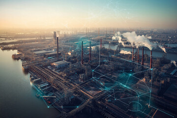Obraz premium Industrieanlage mit modernem Netzwerk und künstlicher Intelligenz
