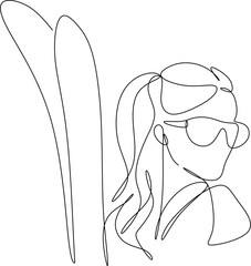 Linear portrait of a girl with skis. Winter sport. Vector illustration