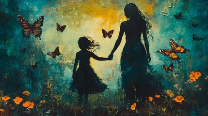 Enchanting Silhouettes of a Woman and Child Surrounded by Butterflies in a Dreamy Nature Scene with Vibrant Colors and Floral Accents