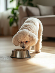 Wohlgenährter Hund genießt seine Mahlzeit in einer hellen Wohnung


