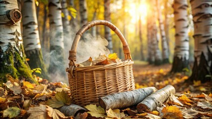 A woven basket filled with autumn leaves sits amongst a bed of fallen foliage in a birch forest, a gentle plume of smoke rising from the leaves