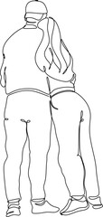 Line drawing of man and woman in love. Hugging, kissing couple in love. Valentine. Wedding logo. 