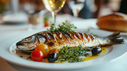 Grilled fish served with cherry tomatoes and olives, complemented by white wine for gourmet seafood dish in fine dining. Culinary art concept