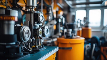 Fototapeta premium Detailed equipment for collecting seafloor data showcased aboard a research vessel, highlighting advancements in marine exploration technology.