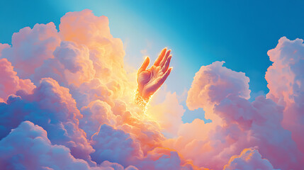 Naklejka premium radiant hand emerges from fluffy white clouds, symbolizing hope and connection. vibrant colors and soft textures create serene and uplifting atmosphere
