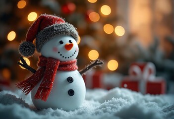 Snowman with christmas decoration and bokeh lights on background