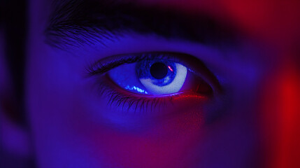 Fototapeta premium Glowing cyberpunk eye illuminated by blue and red neon lighting