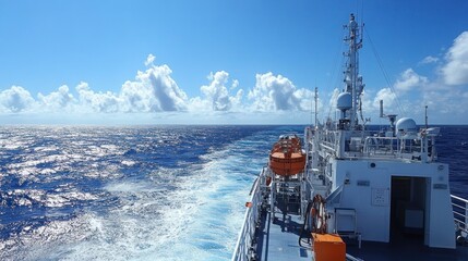 Aboard a research vessel, scientists utilize advanced drilling equipment to explore the deep sea and transmit crucial borehole information.
