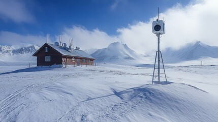 A remote research station surveys high-altitude weather, equipped with cameras, amidst tranquil snow-covered peaks and a bright sky.