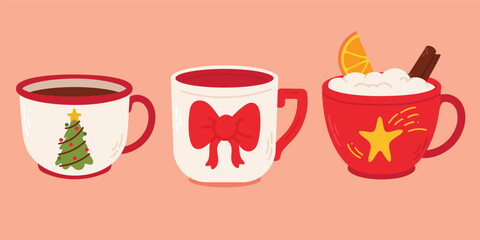 Christmas cup and mug set. Hot drinks. Holiday cute mugs with hot cocoa, coffee, and mulled wine. New year drinks decorated with sweets and candy. 