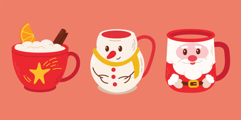 Christmas cup and mug set. Hot drinks. Holiday cute mugs with hot cocoa, coffee, and mulled wine. New year drinks decorated with sweets and candy. 