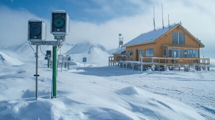 A snowy high-altitude research station stands equipped with cameras, monitoring weather conditions in a remote location surrounded by mountains.