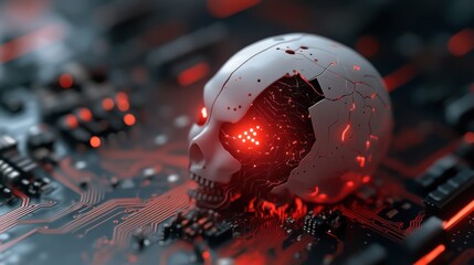 A futuristic skull glows red, merging with a circuit board, symbolizing the blend of mortality and technology in a visually striking and abstract manner.