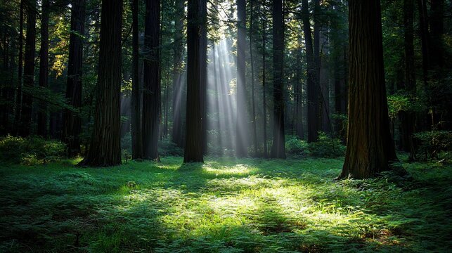 Sunlight Filtering Through Majestic Forest Canopy