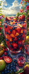 Fruity summer drink in a glass bowl surrounded by fresh fruits.