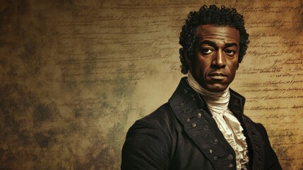 Portrait of a historical figure in georgian attire with vintage text background Benjamin Banneker Week