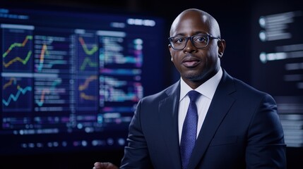 Professional man discussing financial data in a modern setting.