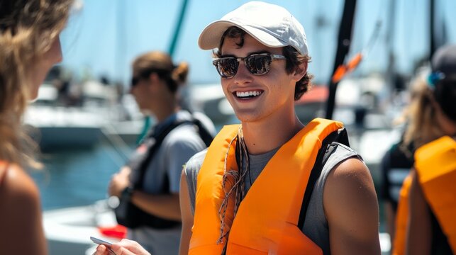 Participants in bright safety gear engage in communication with event organizers using internet-enabled devices at the bustling marina.