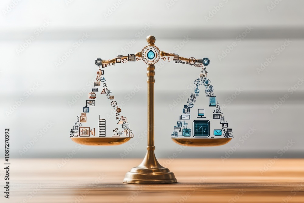 Aufkleber a brass scale displays various icons symbolizing digital and traditional practices, illustrating the