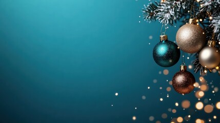 Fototapeta premium A dazzling array of ornaments in gold and blue, suspended from a snow-dusted pine tree, illuminated by soft glowing lights against a blue background.