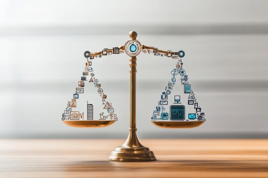 A brass scale displays various icons symbolizing digital and traditional practices, illustrating the balance in modern business approaches. Generative AI