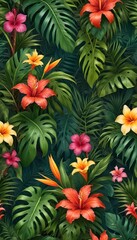 Tropical exotic pattern with animal and flowers in bright colors and lush vegetation