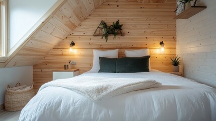 A cozy attic bedroom featuring a minimalist design with natural wood paneling, a comfortable white bed, soft lighting, and decorative plants and elements.
