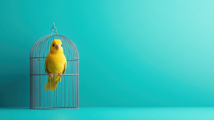 A vibrant yellow canary perches inside an ornate cage against a striking teal background, symbolizing freedom and the beauty of nature in bright, cheerful art.