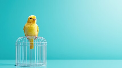 A lone yellow bird perched on a sleek cage against a teal-colored backdrop, representing simplicity and elegance in an artistic, contemporary manner.