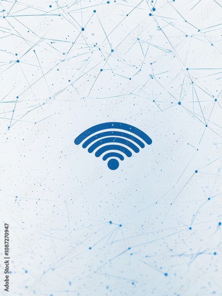 Aufkleber a bold blue wi-fi symbol stands out against a light backdrop, surrounded by abstract lines, symboliz