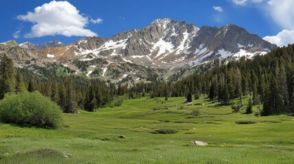 Majestic mountain landscape with snow-capped peaks and lush green valley under blue sky