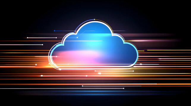 Abstract glowing cloud computing concept.  Digital data streams, fast network speed, technology innovation.
