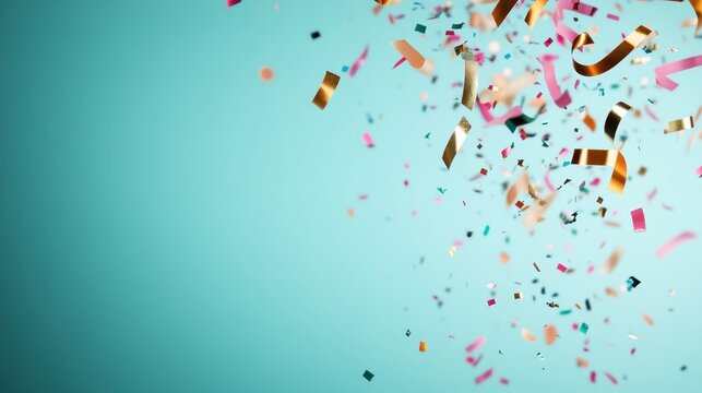 Multicolored confetti swirls gracefully against a serene blue backdrop, symbolizing celebration, joy, and the exuberance of a vibrant, festive atmosphere.