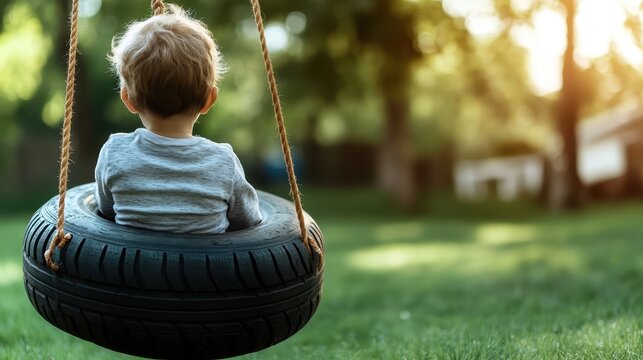 A child on a tire swing basks in the peaceful rays of the sun, surrounded by lush greenery, while enjoying a harmonious and joyful outdoor moment.
