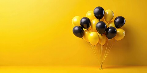 A cluster of black and yellow balloons tied together floats against a solid yellow background.