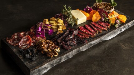 Gourmet charcuterie board with cured meats, cheeses, nuts, and dried fruits for elegant dining National Craft Jerky Day
