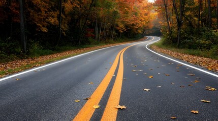 Fototapeta premium Autumn Serenity Curving Highway Through Vibrant Forest - Peaceful Morning Light Illuminates Colorful Leaves Along Scenic Countryside Road