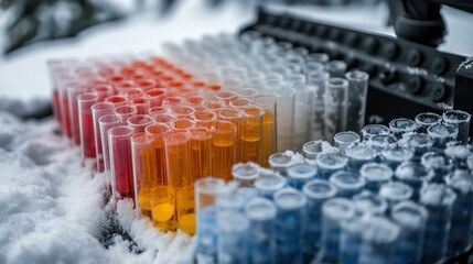 Obraz premium Researchers gather various colored snow samples for laboratory analysis amidst a winter wonderland, ensuring precise data collection.