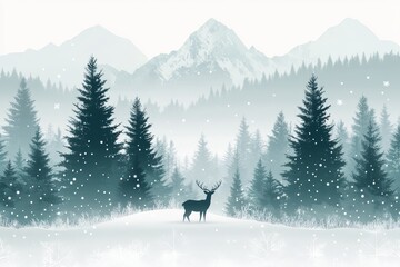 Fototapeta premium Simple vector illustration of snowy forest with pine trees and deer in muted green, light gray gradient background with falling snowflakes, winter fantasy scene.