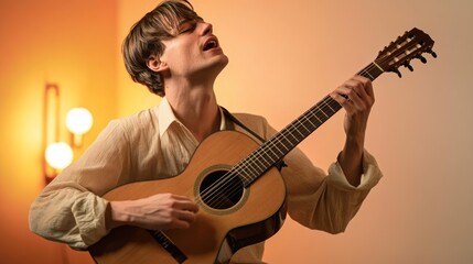 Naklejka premium A musician passionately playing guitar in a cozy setting.