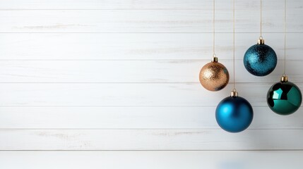 This image showcases four colorful baubles: bronze, blue, and green, elegantly hanging against a white wooden background, embodying festive and decorative spirit.