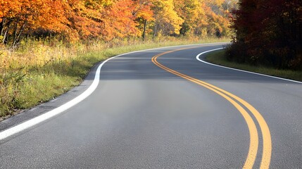 Scenic Autumn Highway Winding Through Vibrant Fall Foliage - Serene Country Road with Rich Orange and Red Trees Illuminated by Sunlight