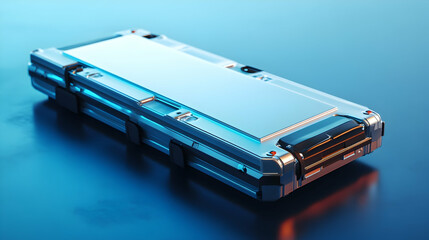 Lithium-ion battery pack for electric vehicles resting on a blue surface