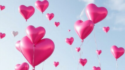 Celebrate Love with Whimsical Pink Heart Balloons Floating in a Clear Blue Sky, Perfect for Romantic Occasions